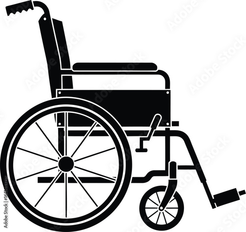 Black wheelchair illustration on a white plain background, disability