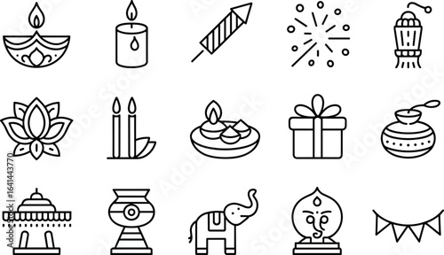 A collection of festive indian holiday icons featuring lamps fireworks gifts and traditional symbols for celebrations