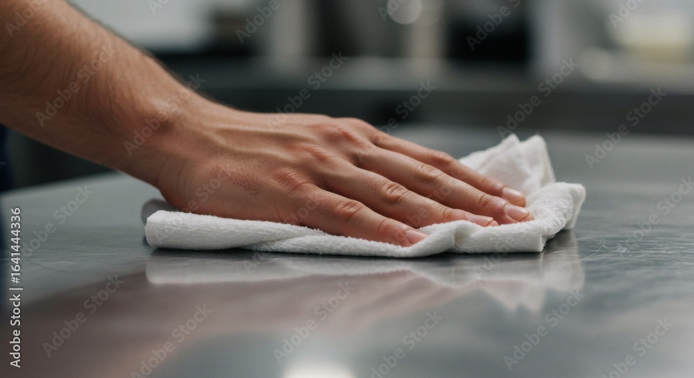 Fototapeta premium Hand Wiping a Shiny Metal Surface with a White Cloth