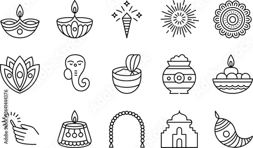 Collection of traditional indian festival icons featuring diyas lamps fireworks lotuses ganeshas kalash and decorative arches