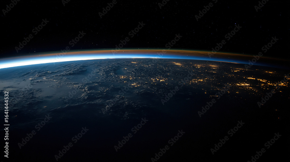 Fototapeta premium Earth from Space with Horizon Arc, Sunlit Clouds, City Lights, and Golden Sun Rays, Conveying Tranquility and Magnificence