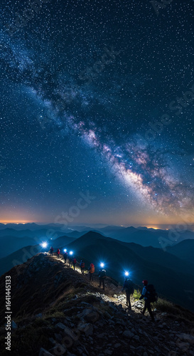 Group of hikers with flashlights ascending a mountain under a starry Milky Way night sky.
