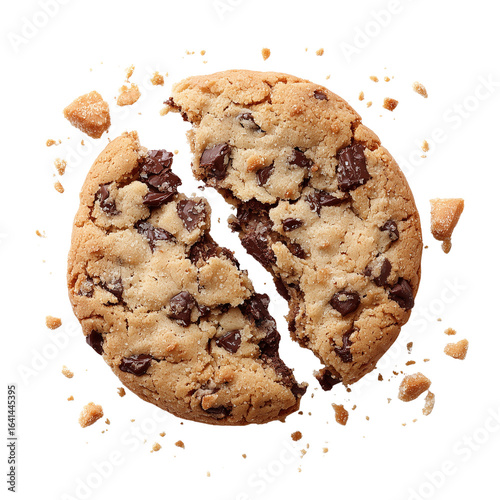 Deliciously cracked chocolate chip cookie with scattered crumbs on a dark background overhead view