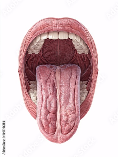 Bold mouth with extended tongue, vibrant colors highlighting textures, ideal for themes around communication and expression.