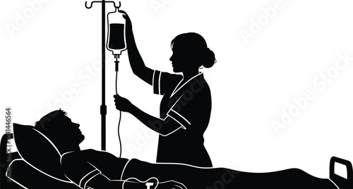 Nurse silhouette adjusting IV drip for patient in hospital bed, care