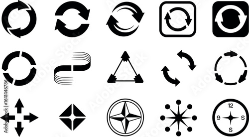 Collection of circular and directional arrows including refresh symbols compass rose and movement indicators