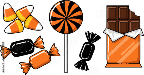 Indulge in delicious Halloween treats like candy corn, wrapped sweets, and a tempting chocolate bar.