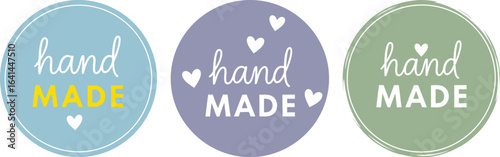 Three oval shaped labels with the words hand made in different colors