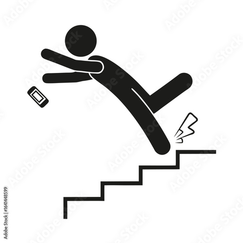 Isolated pictogram of man fall on stair with phone, for safety sign do not use mobile phone on stairs
