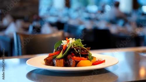 Delicious Asian Fusion Dish in a Modern Restaurant Setting