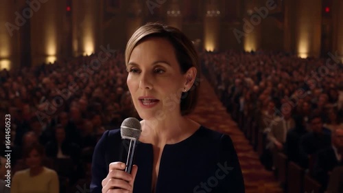 Woman giving a speech to a large audience in a grand hall