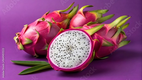 Fresh whole and sliced dragon fruit on purple background
