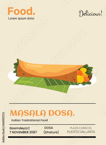 Masala Dosa Great Indian Food  vector posters. Typography design and vectorized illustrations on the background  for postcard, poster, greeting card.
