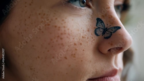 Close-up Portrait of a Woman with a Butterfly Tattoo Near Her Nose