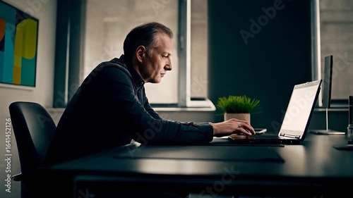 Focused Man Working on Laptop in Office