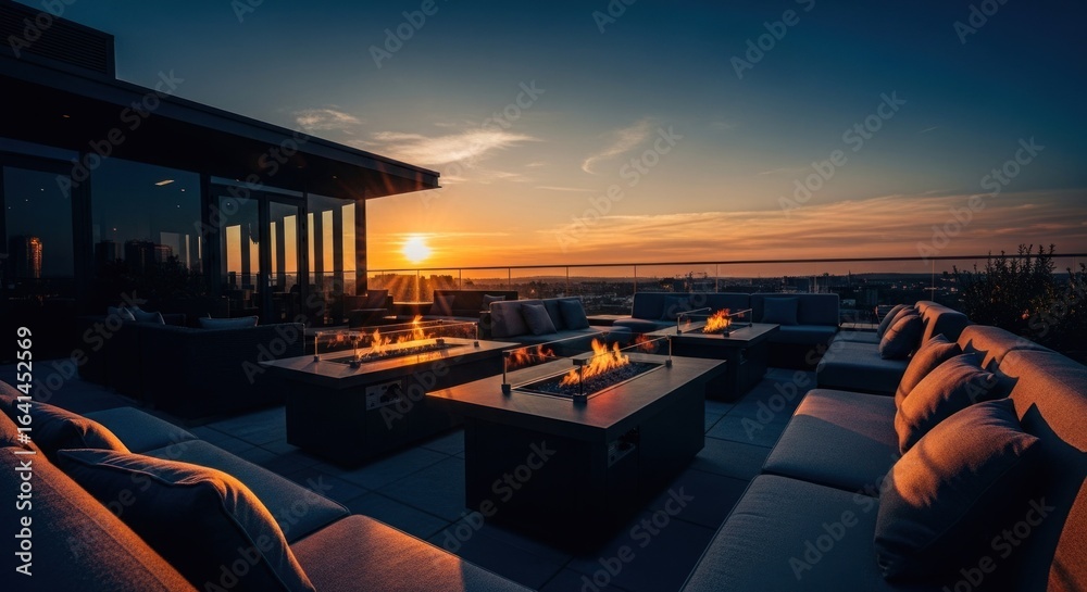 Fototapeta premium Rooftop patio with fire pits, sun setting on horizon