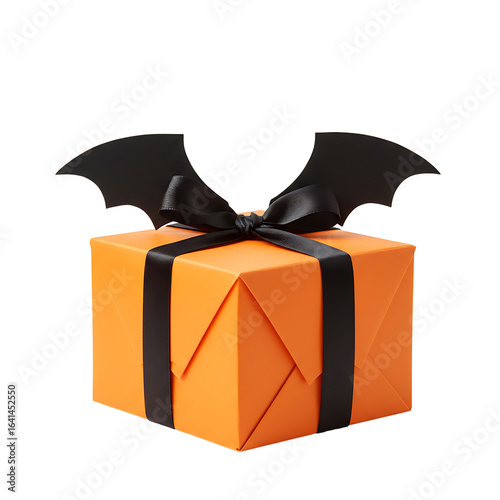 Orange halloween gift box with black ribbon and bat wings isolated on transparent background