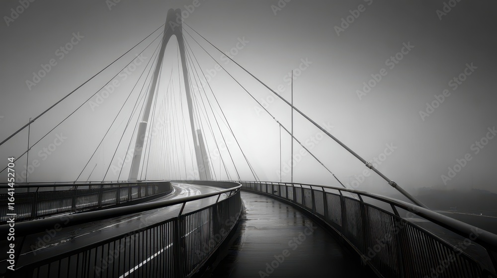 Obraz premium Foggy city bridge pathway, rain, urban landscape, transportation