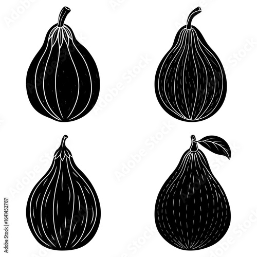 Four stylized black and white figs with vertical lines on a white background in a square format