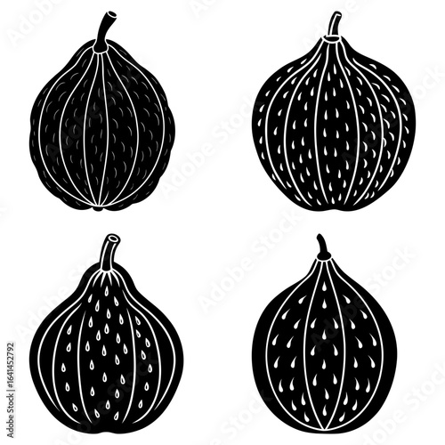 Four black and white fig fruits with detailed line work and distinct shapes arranged in a square pattern