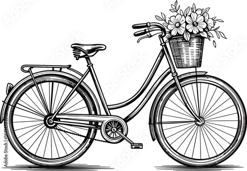Vintage retro bicycle with a basket of flowers isolated on white