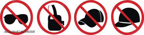 Bundle set of prohibition sign of do not bring gun firearm weapon, hat, cap, helmet wear prohibited for indoor security sign, ATM, Bank, Store
