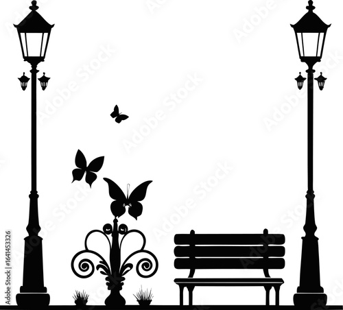 Serene Silhouette: A picturesque scene with two ornate lampposts framing a wrought-iron bench, adorned with three graceful butterflies, all rendered in elegant silhouette.
