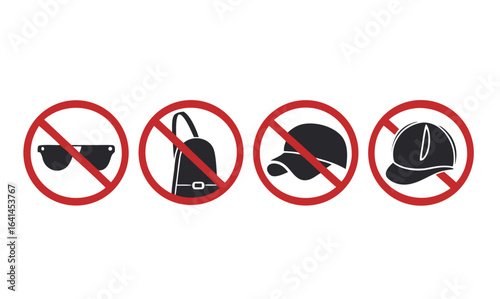 Bundle set of prohibition sign of do not bring gun firearm weapon, hat, cap, helmet wear prohibited for indoor security sign, ATM, Bank, Store
