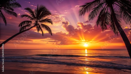 Tropical beach sunset with palm trees and purple sky
