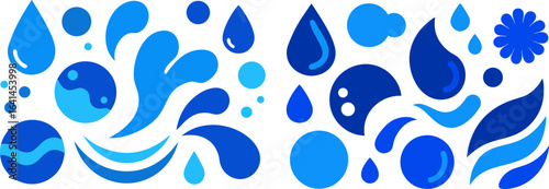 Fluid Essence: A vibrant collection of stylized water droplets, splashes, and wave forms in various shades of blue, perfect for illustrating concepts of freshness, purity, or the essence of liquid.
