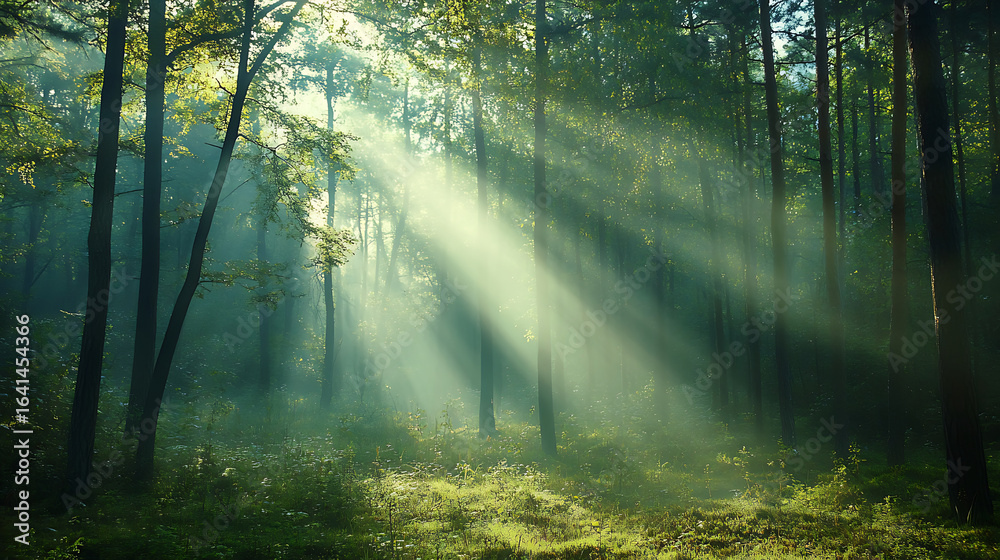 Fototapeta premium Sunlight beams through mist in forest, floating dust particles, soft focus on t