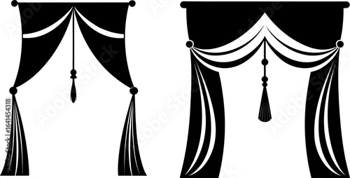 Elegant Curtains: Two classic curtain designs stand against a backdrop of timeless elegance, their flowing lines and ornate details evoke a sense of sophistication and graceful aesthetics.