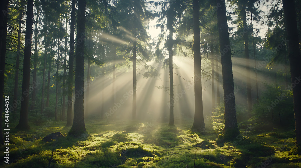 Obraz premium Sunlight beams through mist in forest, floating dust particles, soft focus on t