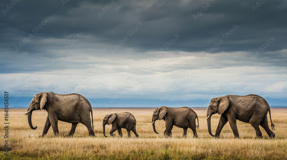 Fototapeta premium Herd of Elephants on the Grassland with Vast Landscape and Heavy Clouds, Conveying Peace and Nature