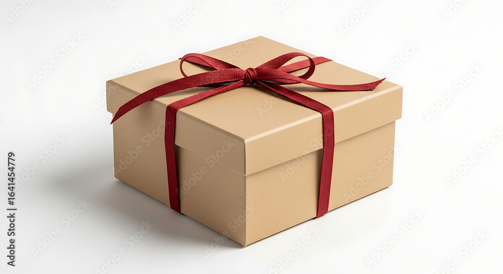 Obraz premium A simple brown cardboard gift box tied with a red ribbon and bow on a plain white background.