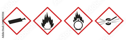 Bundle set isolated safety sign of flammable material, corrosive oxidizing agent substance, high pressure bottle tank for safety, danger, industrial sign
