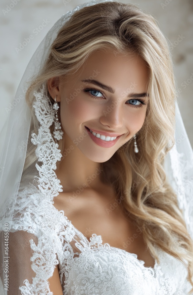 A beautiful blonde woman in a white wedding dress with a lace veil A beautiful blonde woman in a white wedding dress with a lace veil