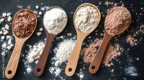 Four wooden spoons filled with different types of flour and cocoa powder are displayed on a dark background, highlighting their textures and colors.
