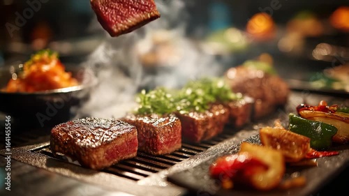 Appetizing Japanese tsukune meatballs with chopsticks and steam, a savory appetizer on a dark bokeh background 