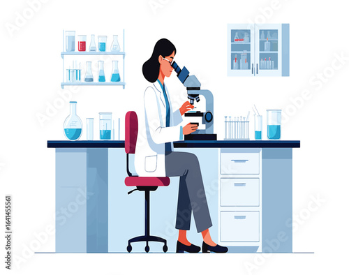 Female scientist working in a laboratory, looking through a microscope. Vector illustration for scientific research, biotechnology, and medical analysis.