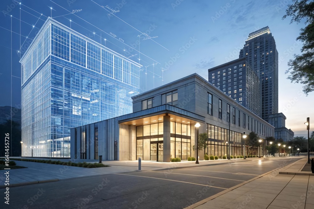 Fototapeta premium Modern Architectural Design with Building Plans at Dusk