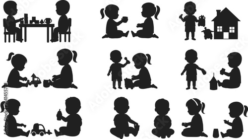 kids playing silhouette vector, children activity icons, toddlers toy illustration, preschool education figures, baby learning symbols, child interaction graphic, black design set