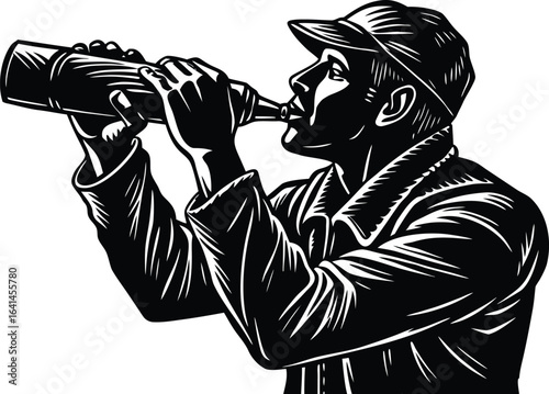 Vector art of a man drinking from a bottle isolated on white background, quenching his thirst with a refreshing beverage
