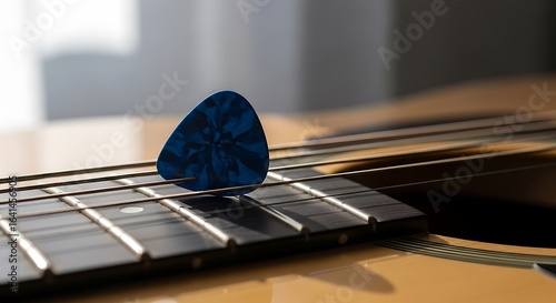 Blue guitar pick resting on acoustic guitar strings creating musical harmony moment