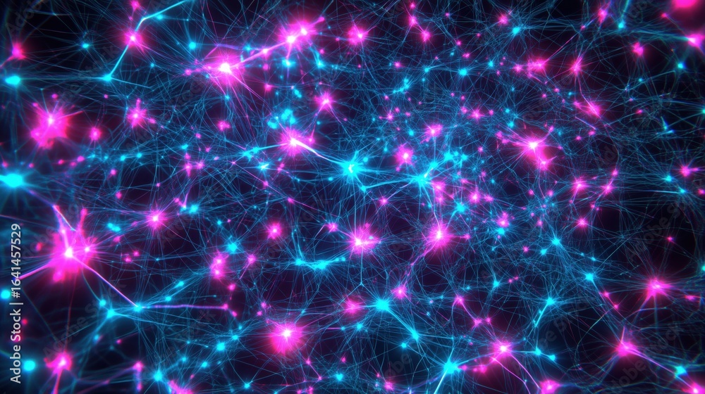 Obraz premium Neural network pattern in neon blue, pink. Futuristic, glowing style, modern digital art, network visualization. Futuristic headers, tech-themed web backgrounds, digital interfaces.