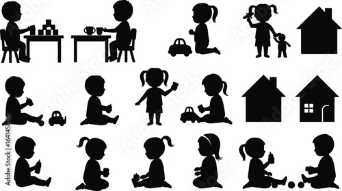 kids playing silhouette vector, children activity clipart, toddlers with toys, preschool learning icons, baby interaction graphic, child development shapes, home family illustration set