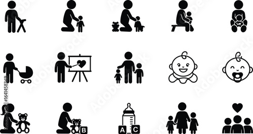 parent and child care icons, baby feeding symbols, newborn face vector, family love silhouette, childcare education, stroller design, bottle illustration, teaching kids
