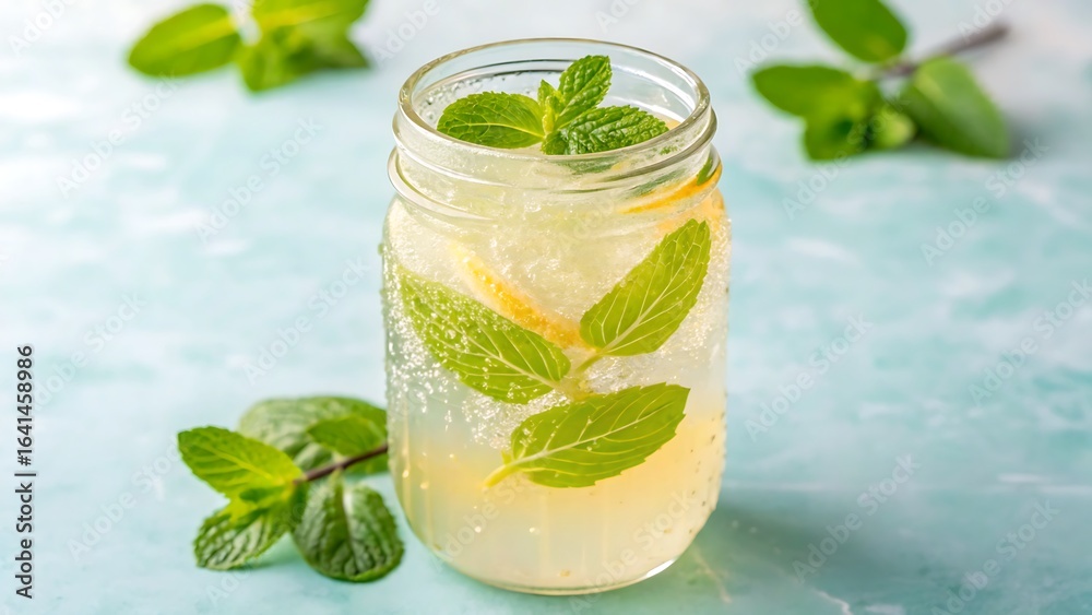 Fototapeta premium Refreshing lemonade jar garnished with mint leaves for summer menus, restaurant marketing, beverage packaging, and food blog visuals. Bright and appetizing.