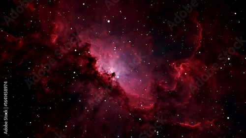 Space travel through a red nebula clouds