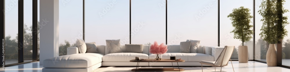 Fototapeta premium Modern living room with a large white sectional sofa, minimalistic coffee table, floor-to-ceiling windows, and tall potted plants providing a bright, airy atmosphere.